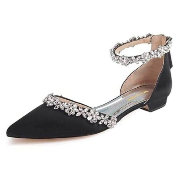 XYD Black  Pointed Toe D'Orsay Flat Sandals Rhinestones Ankle Strap Shoes - Picture 1 of 8
